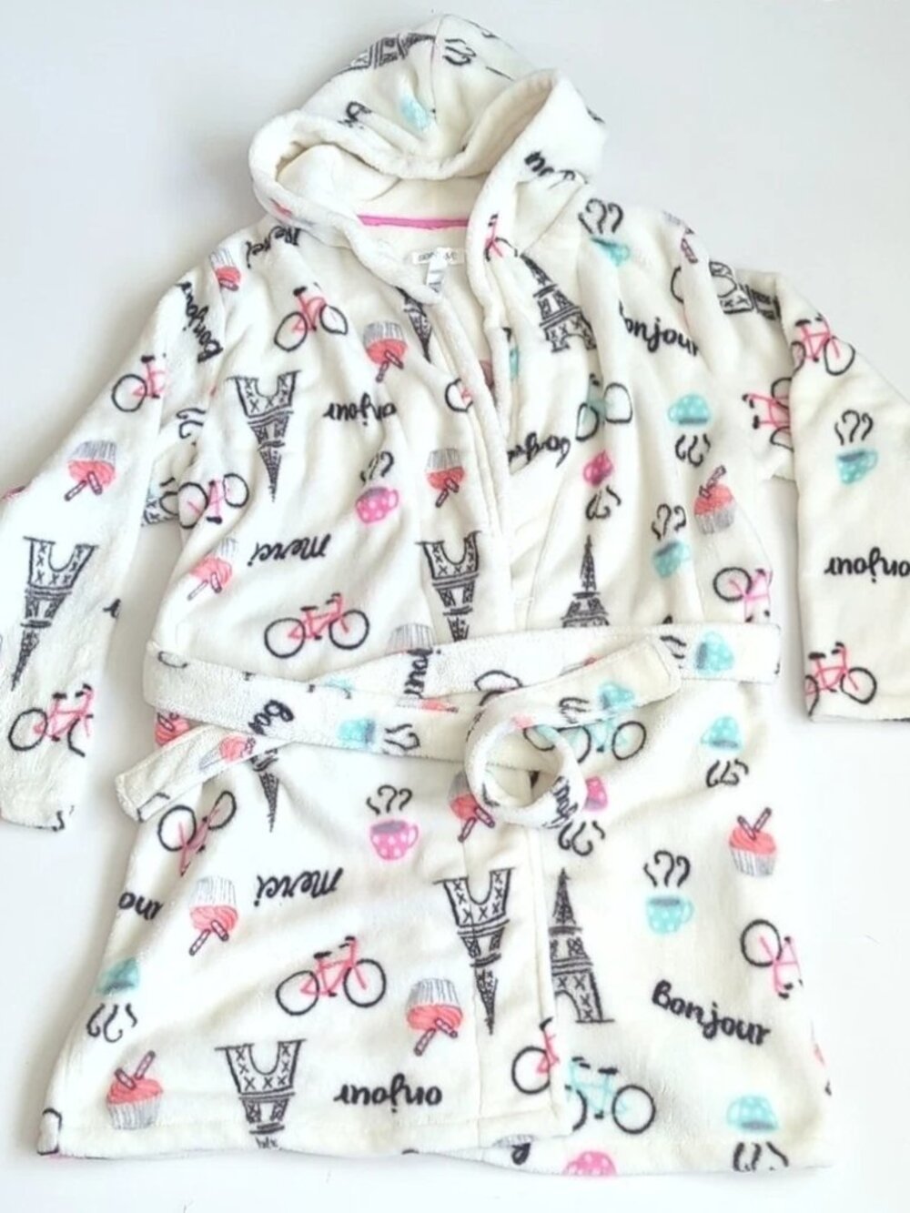 Girls' White Hooded Fleece Robe with Pink & Aqua Paris Prints